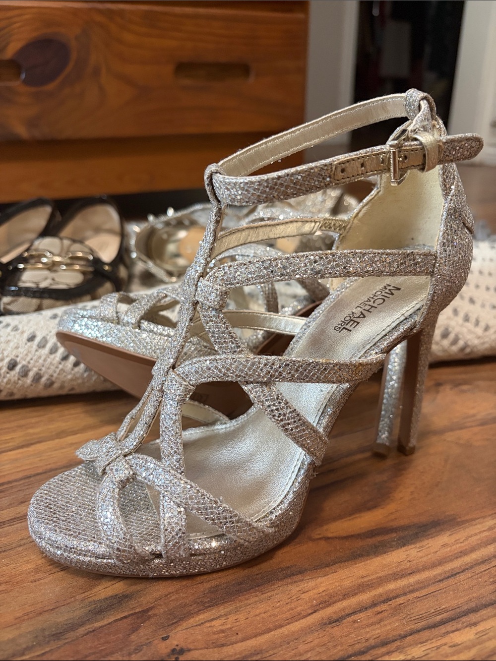 Michael Kors Silver Glitter Happy Strappy Heels